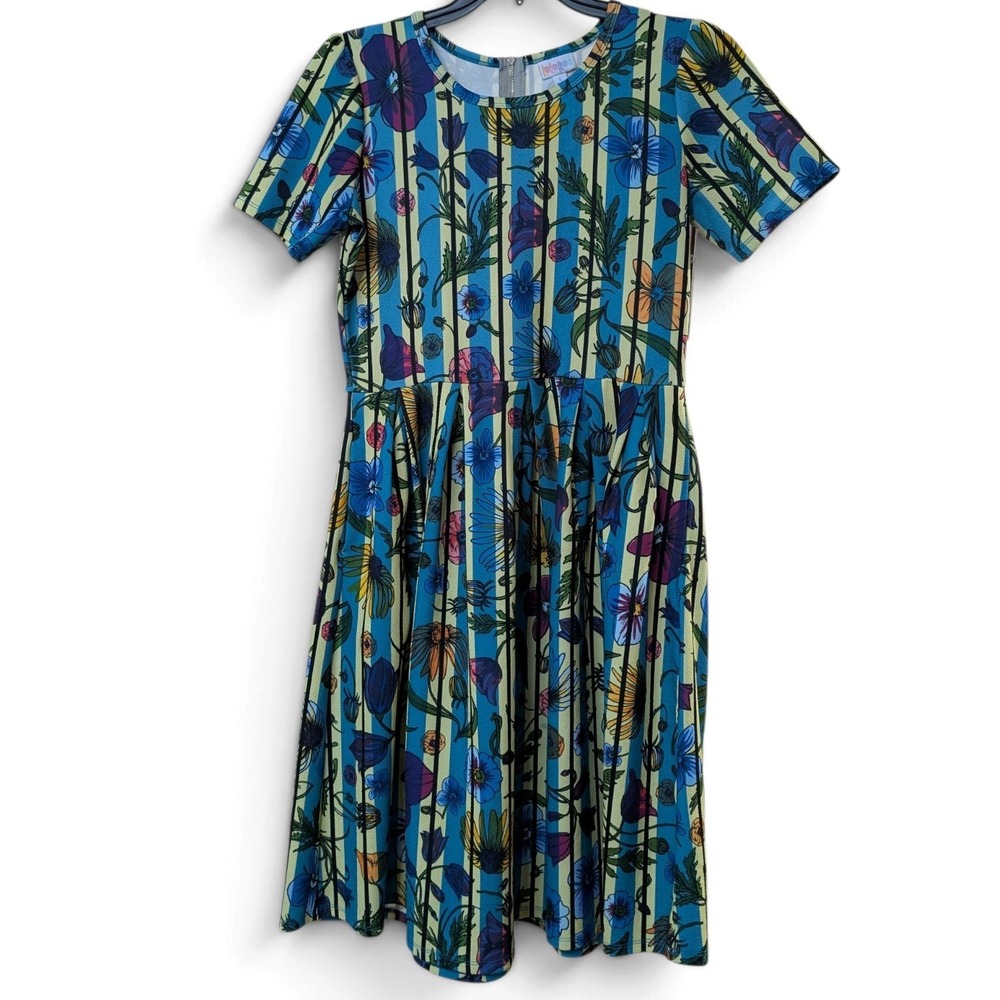 LuLaRoe Amelia Dress Womens Large Blue Floral Striped Pleated Fit Flare